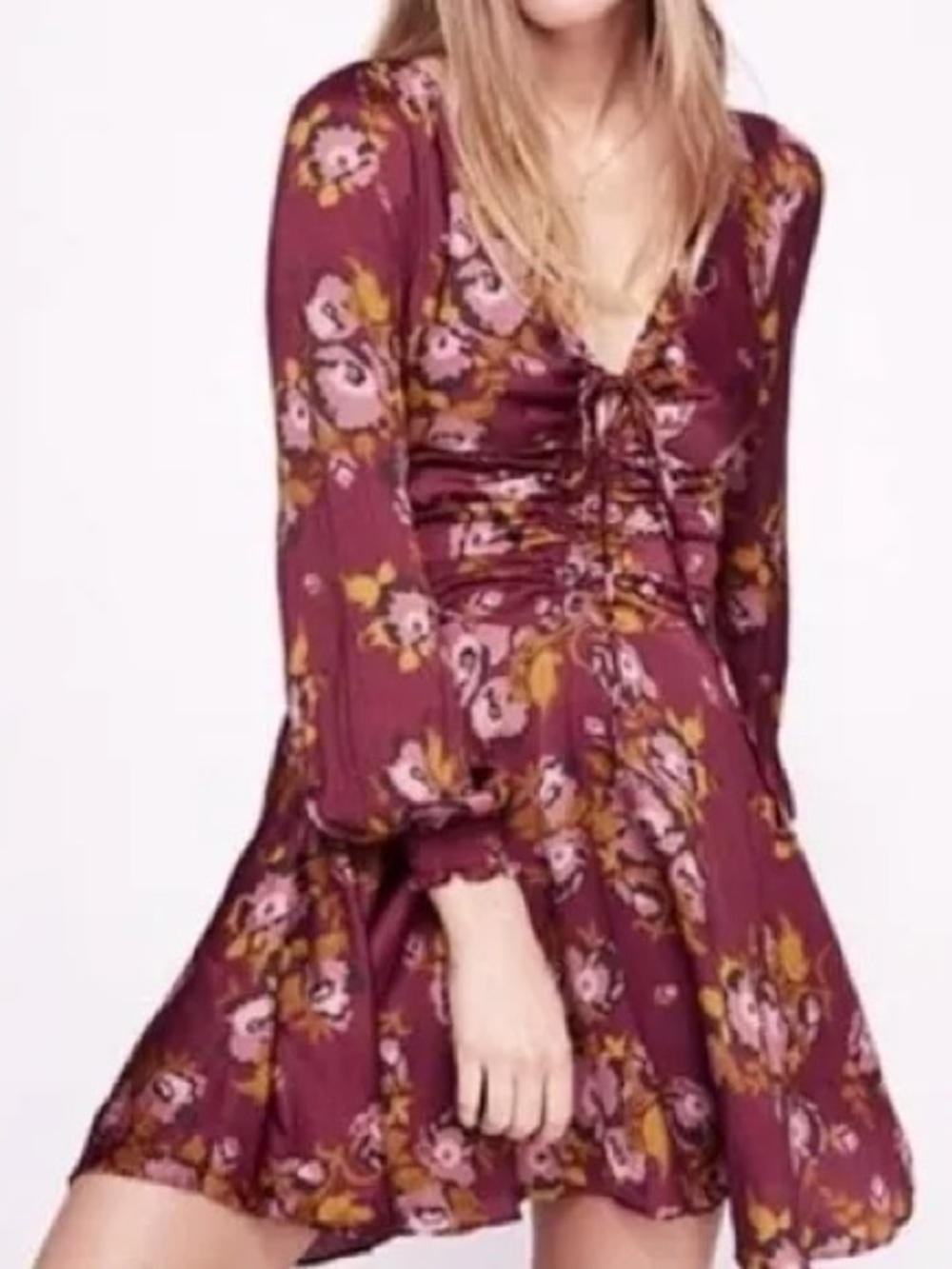 Free People $128 Morning Light Purple Plum Fall Floral V-Neck L/S Mini Dress 8